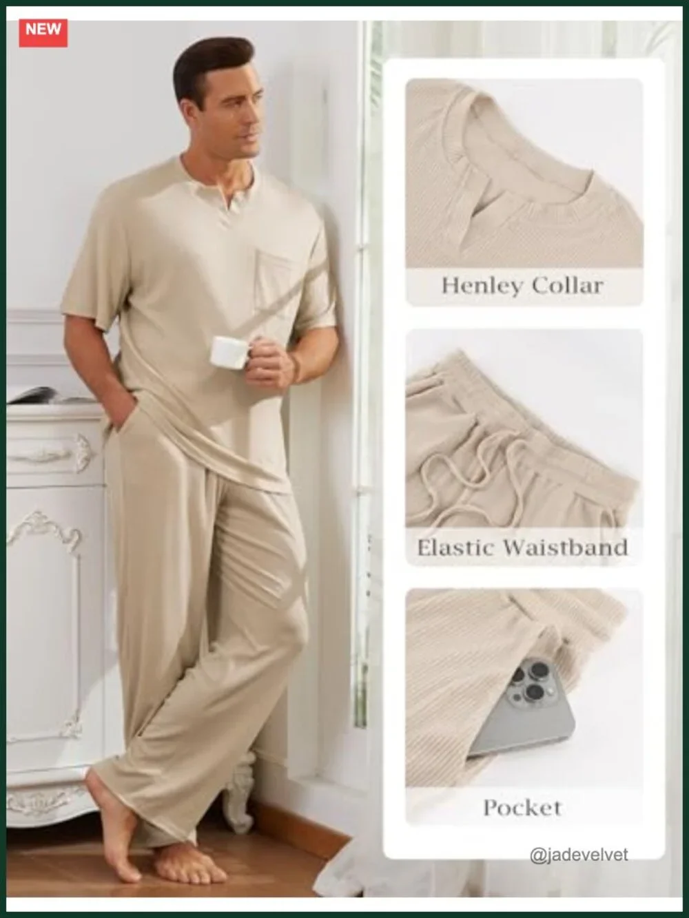 Men's Short Sleeve Pajama Set - V-Neck Pullover Top with Pockets, 2-Piece